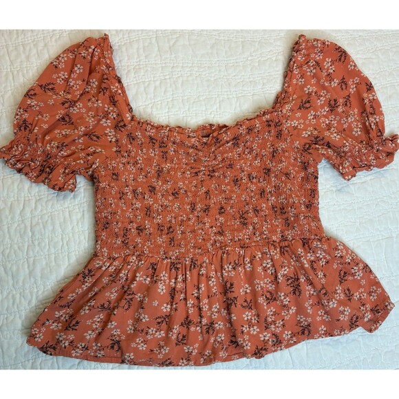 Patrons of Peace Tops - Patrons of Peace Peplum Top Womens Small Orange Floral Smocked Crop Milkmaid